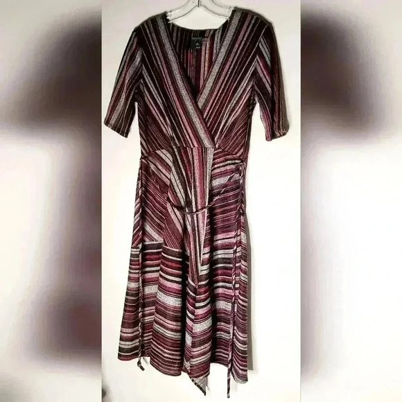 Gaby Skye Asmetrical Stripe Boho Retro sz 6 High & Low Wrap Neck Belted Dress - Picture 9 of 11